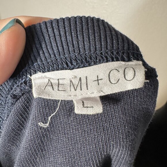 Aemi & Co Size L Frayed Colorblock Crew Neck Sweater Navy/Tan/White Cotton Blend - Picture 8 of 10
